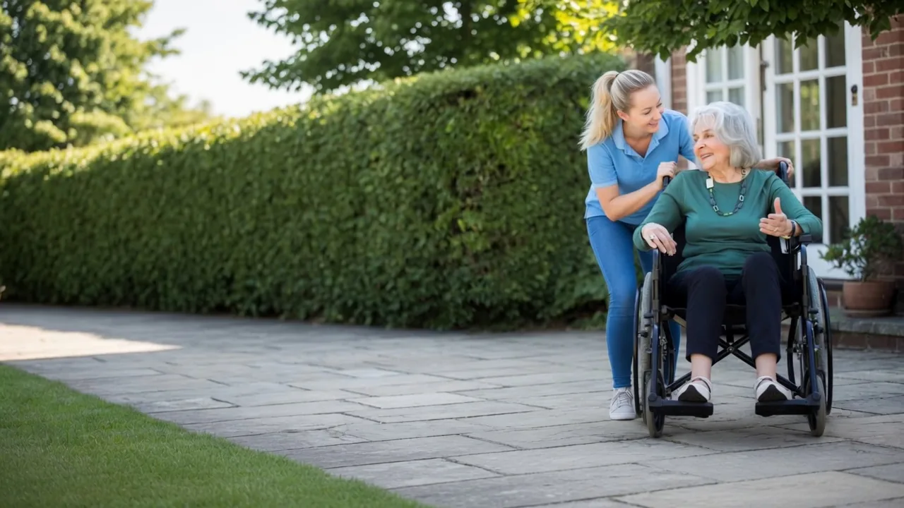 A Home By Choice caregiver sitting with a client outside her home