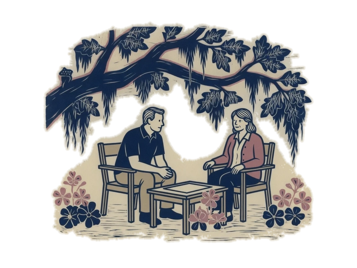 Woodblock print of a coordinator and a family member talking across two chairs